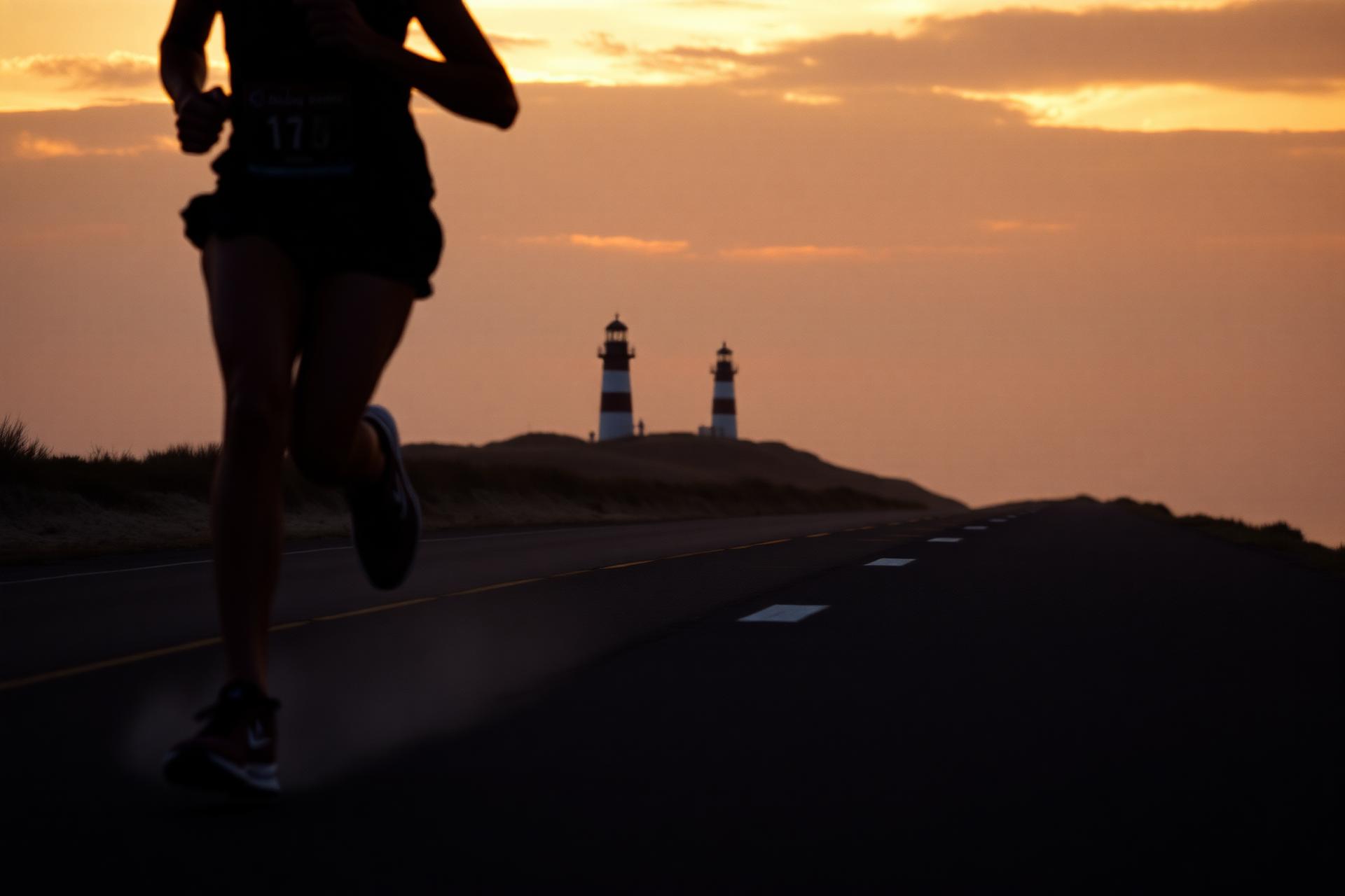 Runner at sunrise on a coastal road with a lighthouse in the distance